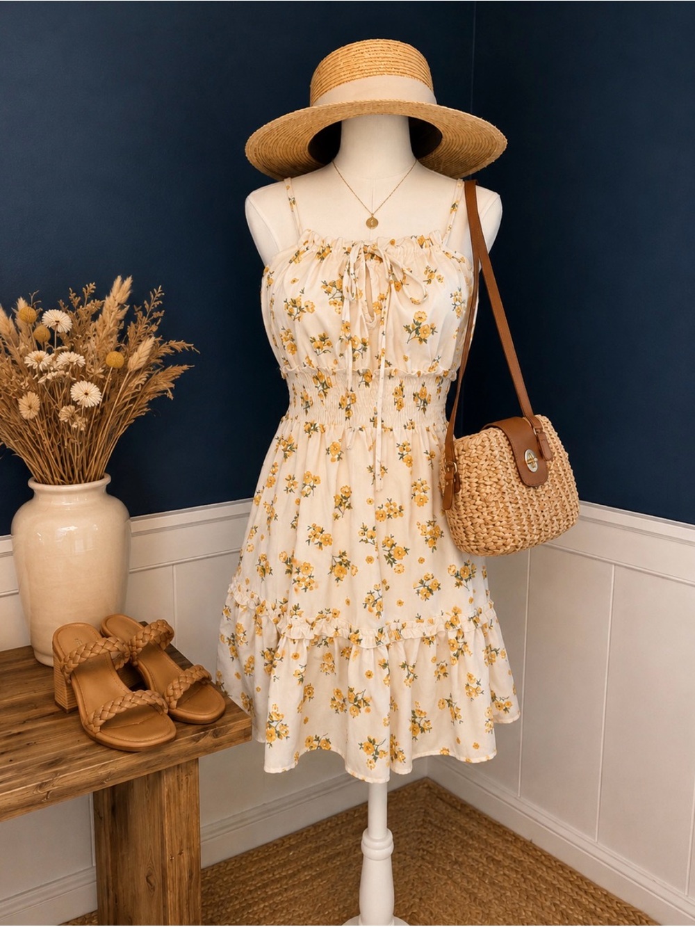 Small Indie Love Cream & Yellow Floral Smocked Mini Dress